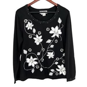 Jack B Quick Womens Size Medium Black Beaded Floral Artsy Blouse Shirt Top
